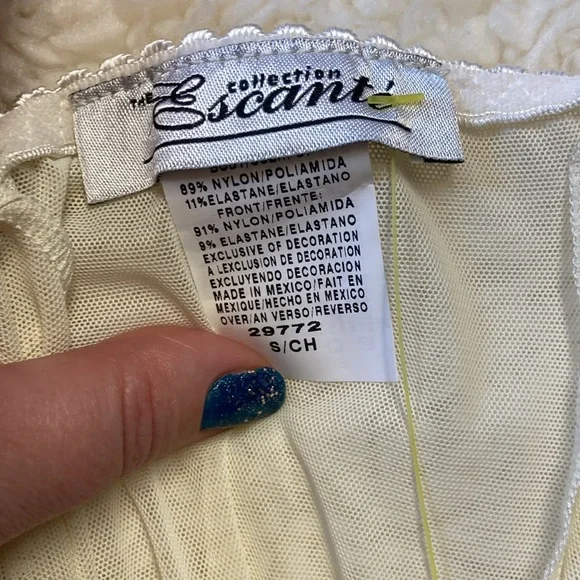 VINTAGE Escante Nylon Lace Mesh Corset with Garnets Sheer Ivory Blue Size Small - Picture 4 of 8